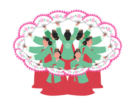 Korean traditional dance. Women wearing hanbok are dancing while making circles with fans.のイラスト素材