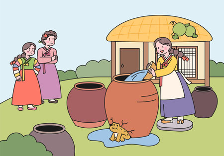 Kongjwi and Patjwi Traditional fairy tale. A good girl is pouring water into a broken jar. The girl with her bad mom is watching her.のイラスト素材