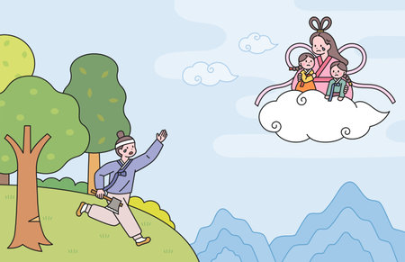 A fairy tale about the fairy and the woodcutter. A fairy riding a cloud with her children and a woodcutter following them.のイラスト素材