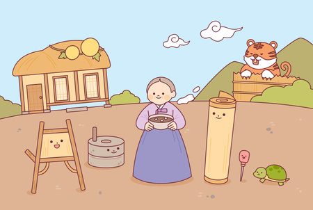 Korean traditional fairy tale. Grandma's red bean porridge and tiger.のイラスト素材