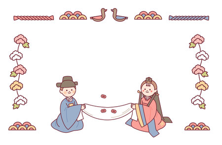 The bride and groom at a traditional Korean wedding reception. invitation card design.のイラスト素材