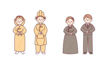 Korean funeral costumes. Characters wearing traditional and modern costumes.のイラスト素材