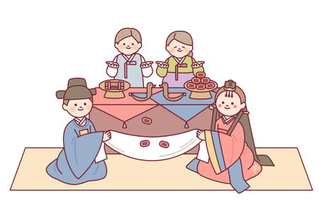 The bride and groom at a traditional Korean wedding reception. Parents celebrate by throwing jujubes.のイラスト素材
