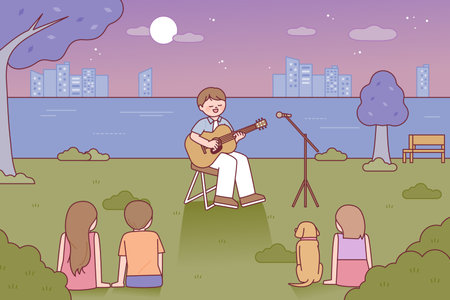 A singer playing an acoustic guitar is busking in the park. People are sitting on the grass and listening to music.のイラスト素材