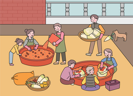 Kimjang day in Korea. Many people are gathering and making kimchi. They are making kimchi with cabbage and radish together in a large container.のイラスト素材