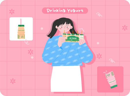 Korean dessert. A girl is holding a Yakult in her hand and drinking it through a straw.のイラスト素材