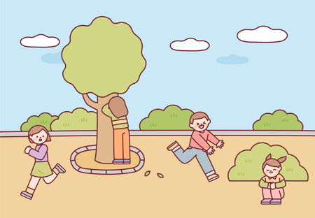 Korean chidhood game. Cute children are playing hide and seek in the park.のイラスト素材