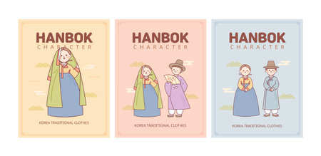 Couple character poster card wearing Korean traditional costume Hanbok.のイラスト素材