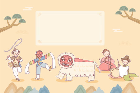 Characters showing traditional Korean culture. There is a blank space in the background decorated with traditional objects. yellow colorのイラスト素材