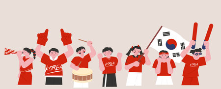 Korean football cheering team Red Devils. People cheering with various cheering tools.のイラスト素材
