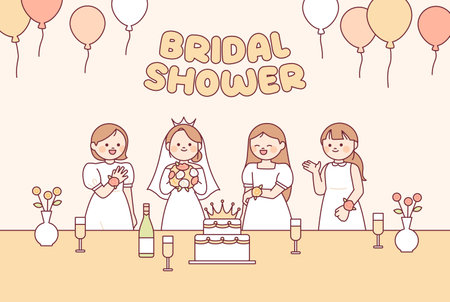Friends are giving the bride a bridal shower party. Bridesmaid friends in dresses with celebration cake.のイラスト素材