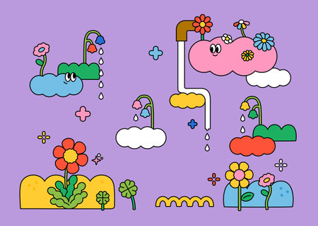 Abstract cartoon illustration with cute clouds and flowers raining. outline simple vector illustration.のイラスト素材
