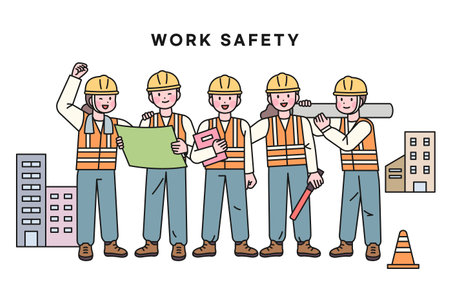 Safety of construction sites and workers. Characters wearing safety helmets are standing smiling.のイラスト素材