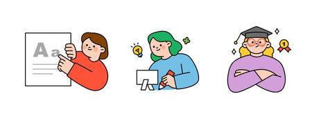 Education concept illustration. Students who are doing various studies and students who have received degrees.のイラスト素材
