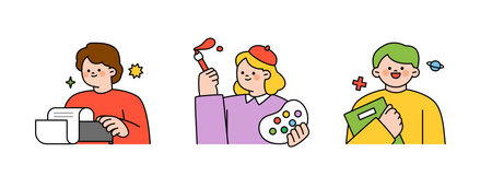 Illustration to education. Students are writing on typewriters, drawing with brushes, holding notebooks and smiling.のイラスト素材