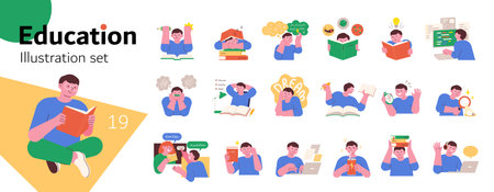 Students reading books or exploring knowledge with computers and studying hard. Education and student illustration mega set.のイラスト素材