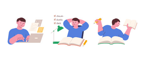 Education and Personal growth illustration. Student studying hard with computer and books.のイラスト素材
