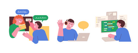 Education and Personal growth illustration. People communicating online and working on computer.のイラスト素材