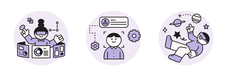 The Age of AI. Intelligence Meets Technology. Business concept illustration with people and icons. Virtual reality experience and data analysis.のイラスト素材