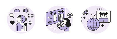 The Age of AI. Intelligence Meets Technology. Business concept illustration with people and icons. Half human half robot. Global data collection.のイラスト素材