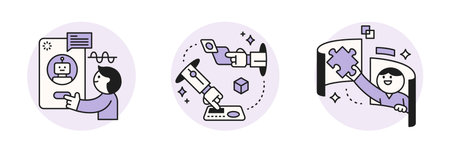 The Age of AI. Intelligence Meets Technology. Business concept illustration with people and icons. A robot hand sharing data and a data puzzle.のイラスト素材