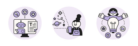The Age of AI. Intelligence Meets Technology. Business concept illustration with people and icons. Robot and idea light bulb in computer.のイラスト素材