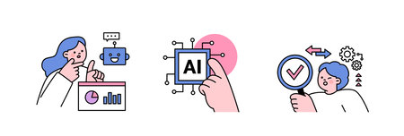 The Age of AI. Intelligence Meets Technology. Business concept illustration with people and icons. Semiconductor chips and data analysis.のイラスト素材