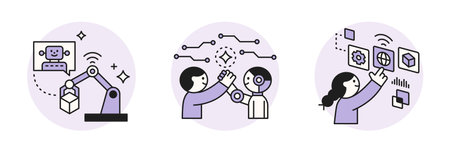 The Age of AI. Intelligence Meets Technology. Business concept illustration with people and icons. Humans and robots are collaborating and analyzing data.のイラスト素材
