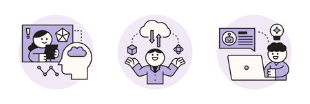 The Age of AI. Intelligence Meets Technology. Business concept illustration with people and icons. Internet cloud and data analysis.のイラスト素材