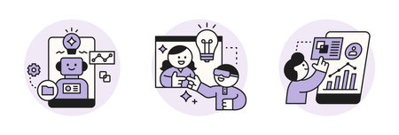The Age of AI. Intelligence Meets Technology. Business concept illustration with people and icons. People analyzing data and sharing ideas.のイラスト素材