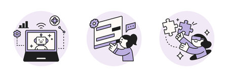 The Age of AI. Intelligence Meets Technology. Business concept illustration with people and icons. Virtual reality, puzzles and messages.のイラスト素材