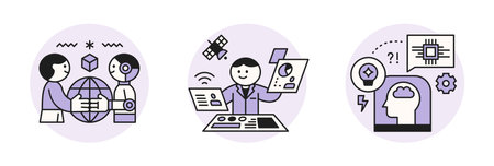 The Age of AI. Intelligence Meets Technology. Business concept illustration with people and icons. Global meeting and data analysis.のイラスト素材
