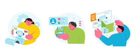 The Age of AI. Intelligence Meets Technology. Business concept illustration with people and icons. People using various devices.のイラスト素材