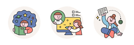 back to school. A person who studies online and reads books to build knowledge.のイラスト素材