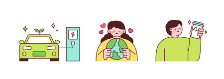Activities for environmental protection. People who protect the earth by using eco-friendly electric vehicles and tumblers.のイラスト素材