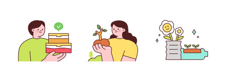 Activities for environmental protection. People protecting the environment by reusing plastic containers instead of disposable packaging.のイラスト素材
