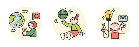 Activities for environmental protection. People saving electrical energy and protecting the planet.のイラスト素材