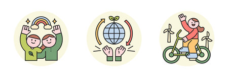 Activities for environmental protection. rainbow and people. hands protecting the earth. People riding bicycles to be eco-friendly.のイラスト素材