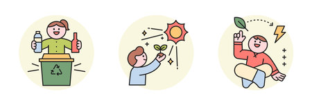 Activities for environmental protection. People sorting recyclable waste and protecting plants and nature.のイラスト素材