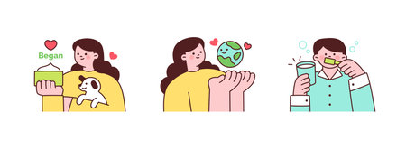 Activities for environmental protection. People protecting the planet by using vegan products and conserving water.のイラスト素材