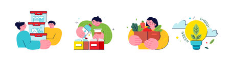 Activities for environmental protection. People using reusable food containers instead of disposable packaging, recycling and eco-friendly shopping.のイラスト素材
