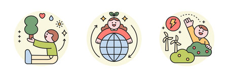 Activities for environmental protection. People who love nature and protect the earth while using green energy.のイラスト素材