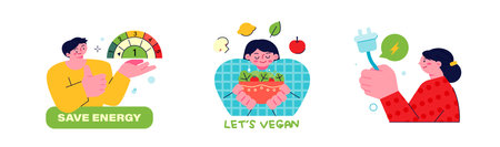 Activities for environmental protection. People who protect the environment with energy-efficient products, fresh food and saving electricity energy.のイラスト素材