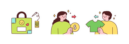 Activities for environmental protection. A person who repairs and saves money and protects the environment by buying second-hand goods.のイラスト素材