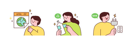 Activities for environmental protection. earth day. People are recycling plastic and saving electricity.のイラスト素材