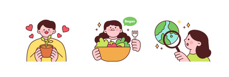 Activities for environmental protection. People who love plants, are vegetarian and clean the planet.のイラスト素材