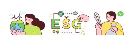 Activities for environmental protection. People who protect the earth with clean energy, do ESG management, and pick up garbage.のイラスト素材