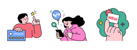 Online internet live commerce. People shopping on mobile and computer. New products and coupons and reviews.のイラスト素材