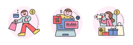 Online internet live commerce. People shopping on mobile and computer. Shopping bag, computer and loudspeaker.のイラスト素材