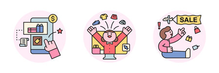 Online internet live commerce. People shopping on mobile and computer. Smartphone touch and hurrah and advertising banner.のイラスト素材
